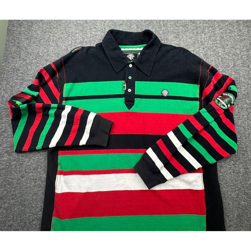 Akademiks Black Polar Explorer Long Sleeve Polo Shirt Mens XL Red Green Black